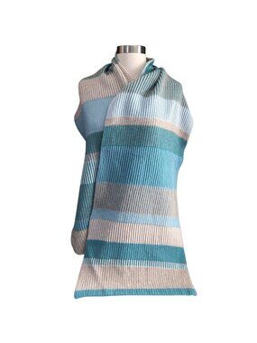 McKernan Weaver of Ireland New Wool Scarf Teal Tan Ivory Stripe Made in Ireland